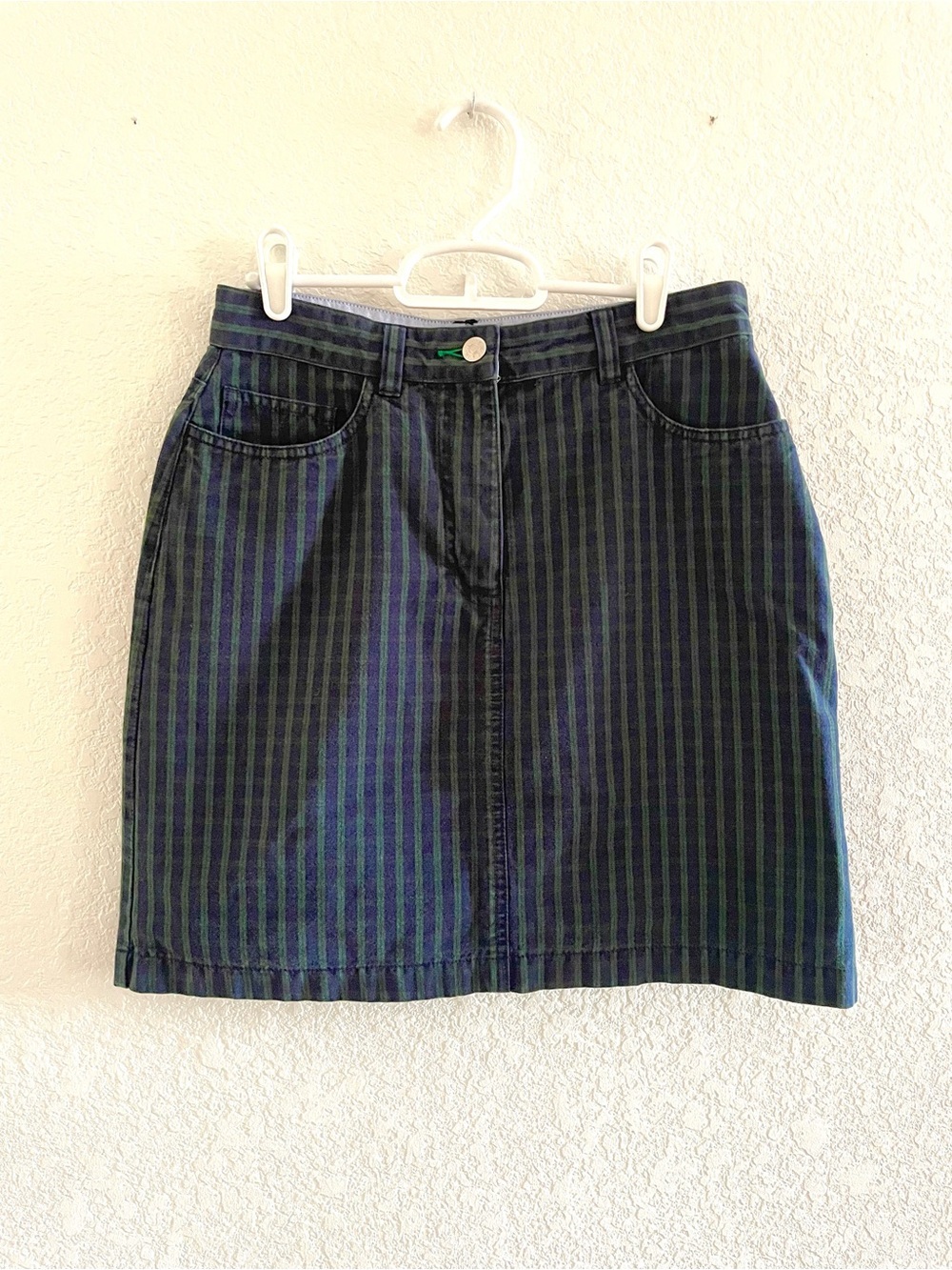 Vintage 90s Tommy Hilfiger Navy & Green Plaid Denim Mini Skirt Preppy Academia